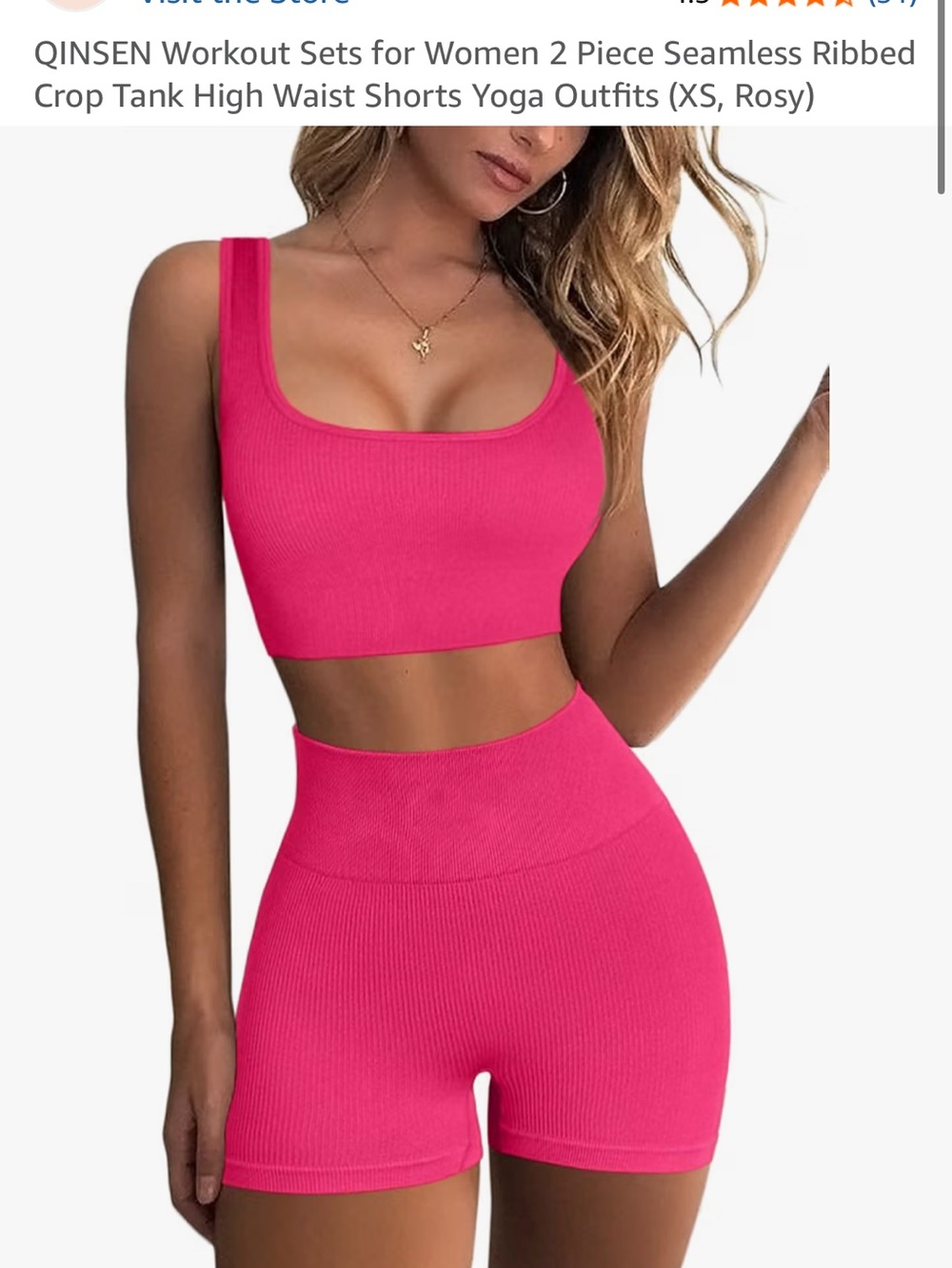 Quinsen Seamless Ribbed Cropped Tank & High-Waist Shorts Set - Hot Pink